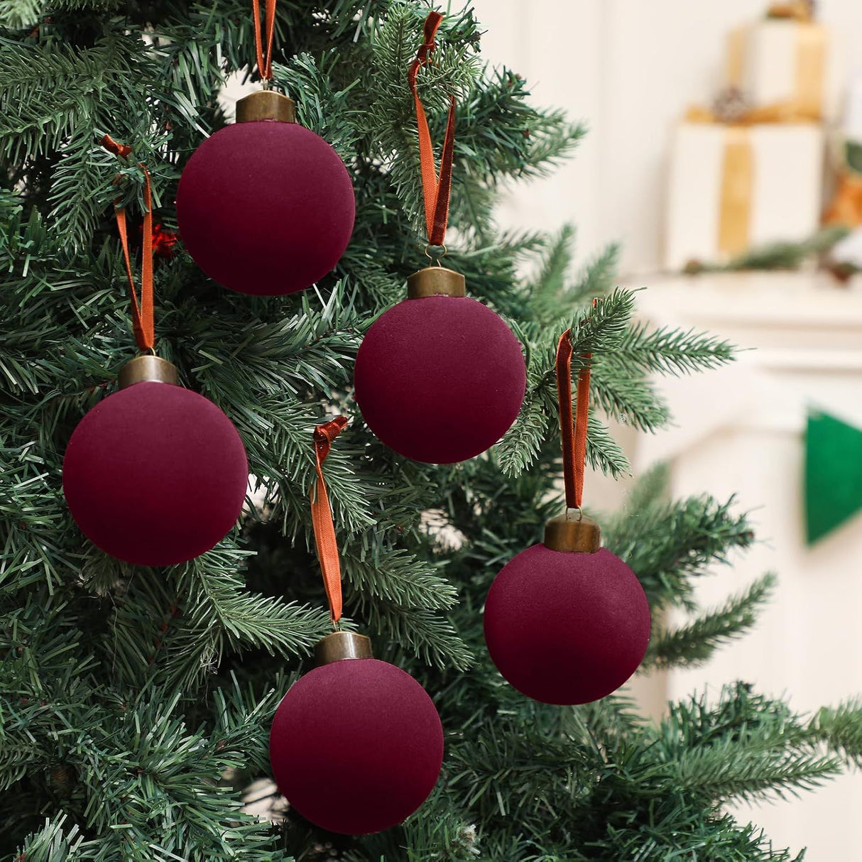 15 Pcs Velvet Christmas Balls Bulk Flocked Christmas Tree Ball Ornaments Plastic Xmas Decorative Hanging Ornaments (Burgundy)
