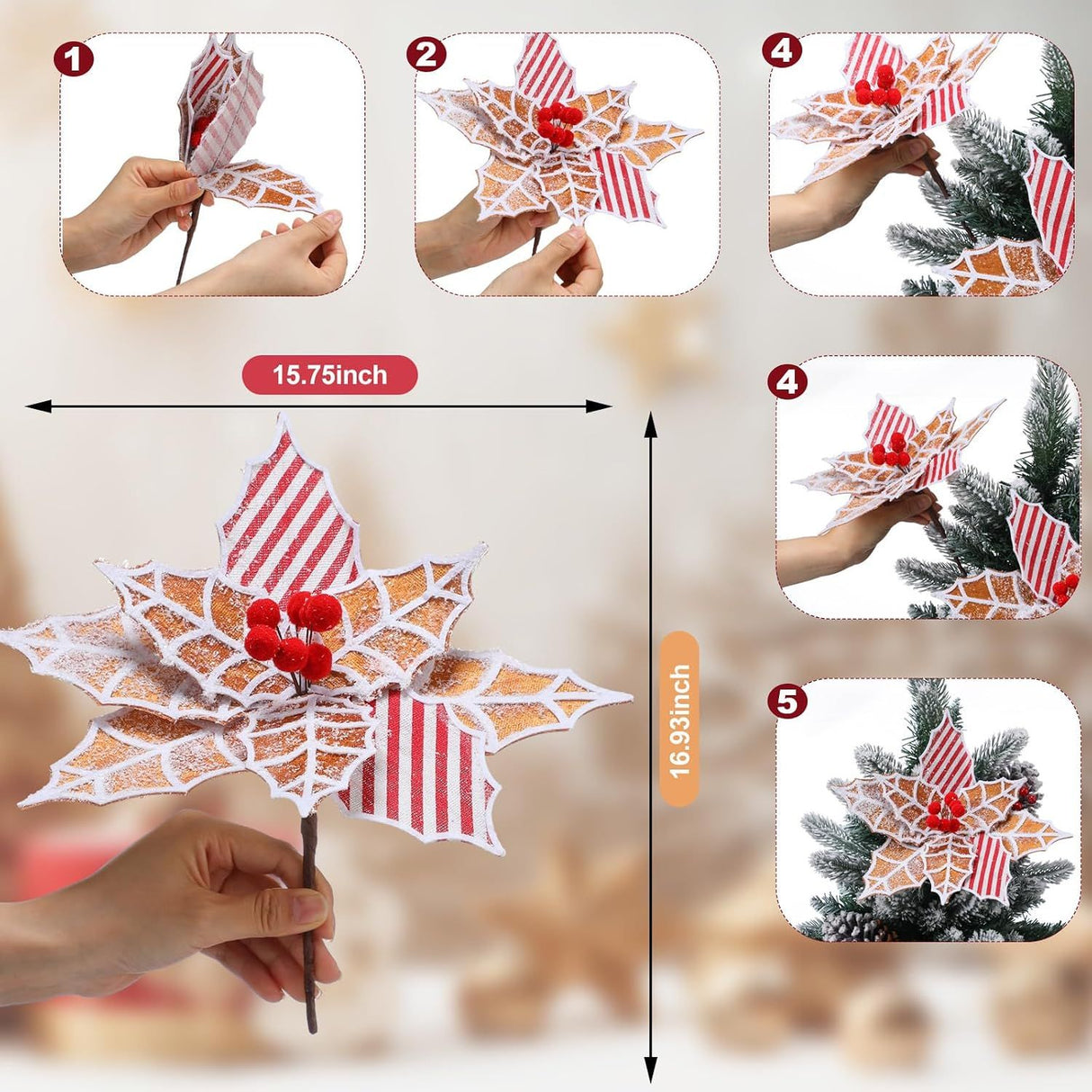 10 Pcs Large Gingerbread Poinsettia Christmas Decorations 9.8" Jumbo Gingerbread Flowers Tree Picks Ginger Bread Christmas Tree Ornaments for Xmas New Year Wreath Garland Home Vase Decor