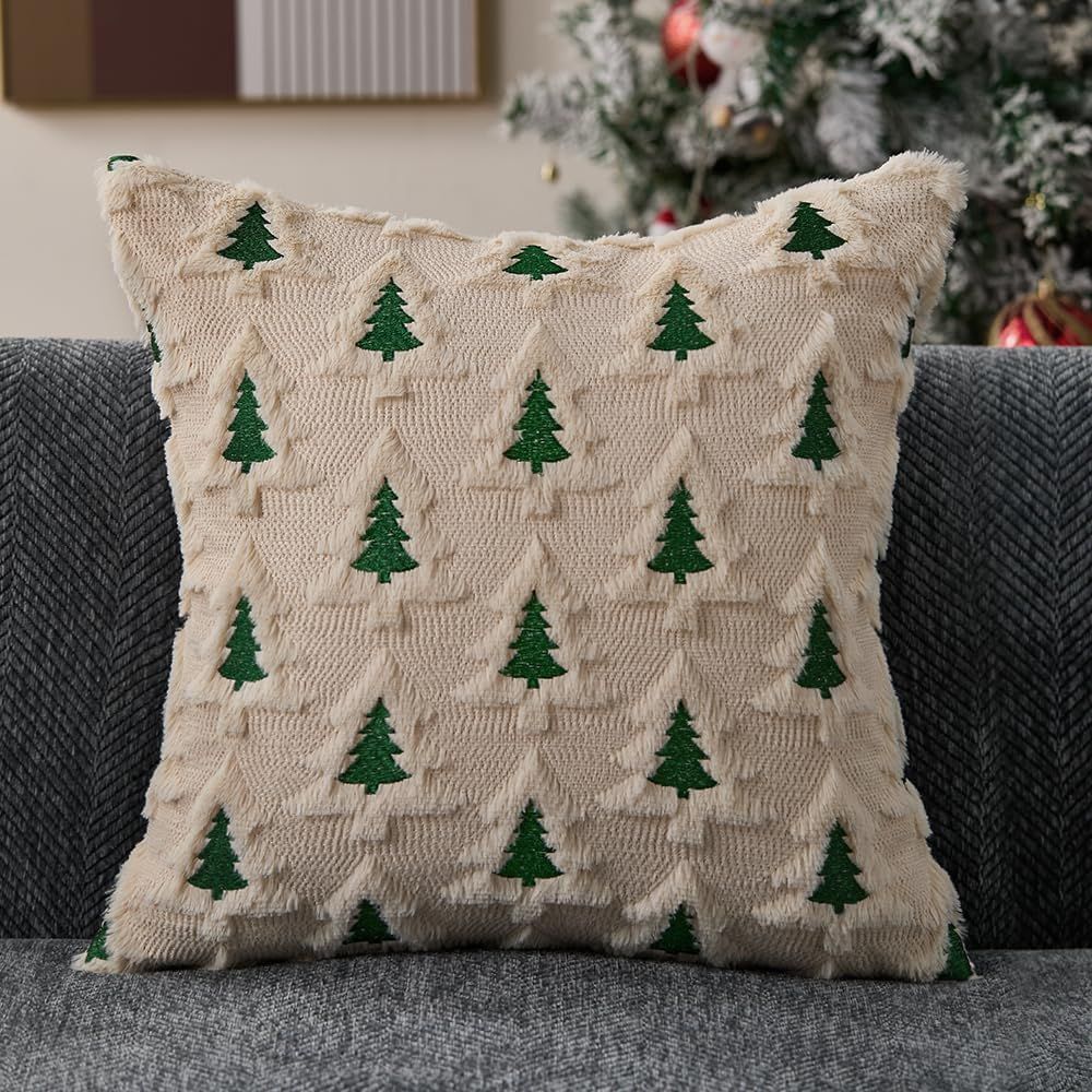 Christmas Pillow Covers 18x18 Set of 2 Beige Double Xmas Tree Pillow Covers Soft Plush Faux Fur Christmas Decorations for Xmas Winter Holiday Home Bedroom Sofa Cushion Cases PT-008C18