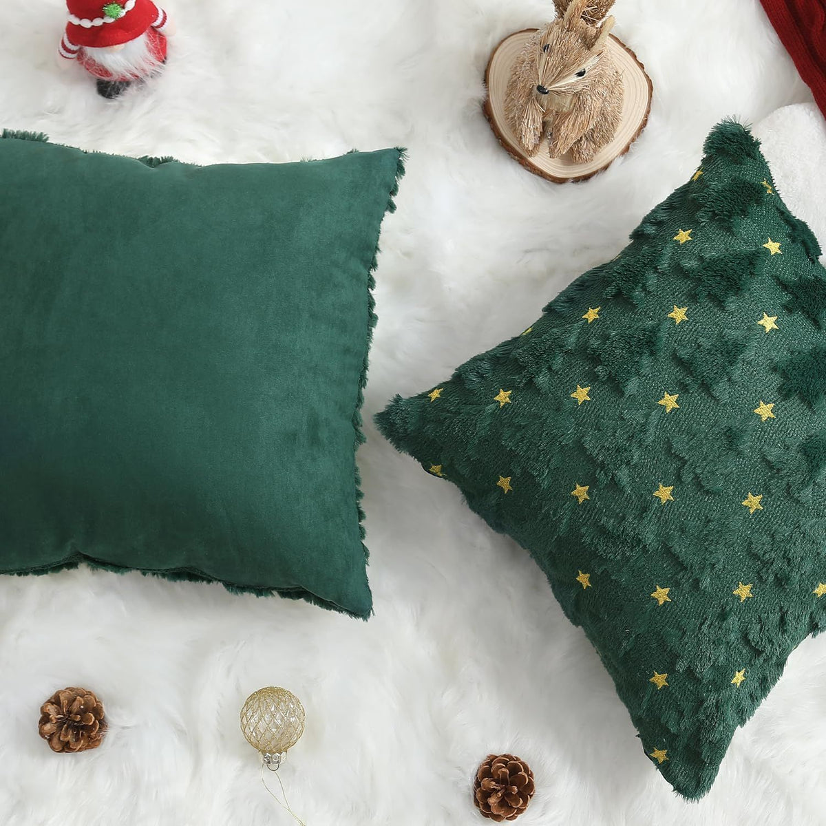 Christmas Pillow Covers 18 x 18 inch Set of 2 Dark Green Christmas Tree Pillow Covers Decorations Plush Faux Fur Soft Cushion Case for Winter Xmas Holiday Home Bedroom Sofa Decors PT004-A18