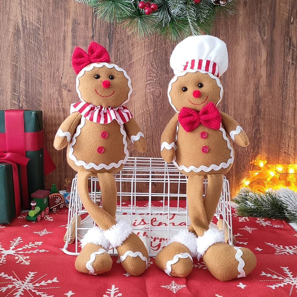 15Inch Large Size Christmas Plush Gingerbread Man Boy Girl Figures with Chef Hat Bowknot Christmas Ornament Home Decorations Doll Soft Door Window Table Tree Holiday Xmas Season Decor