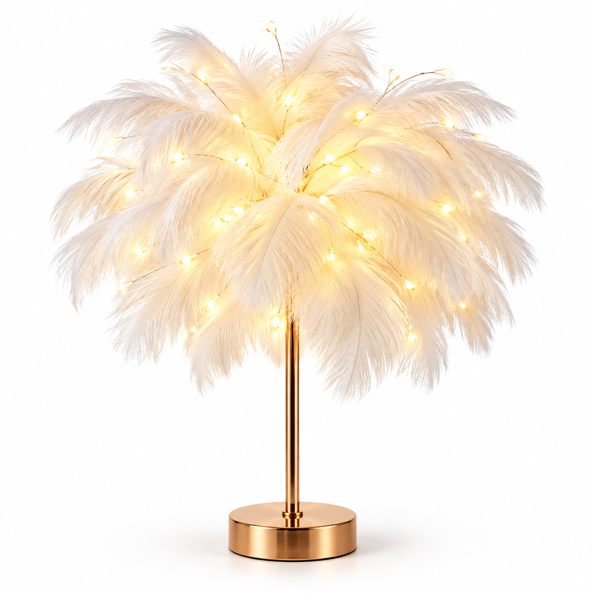 Ostrich Feather Table Lamp White, 80 Hand-Woven Natural Feathers, 3 Colour Temperature Touch Dimming, USB Rechargeable LED Bedside Lamp with Gold Metal Base