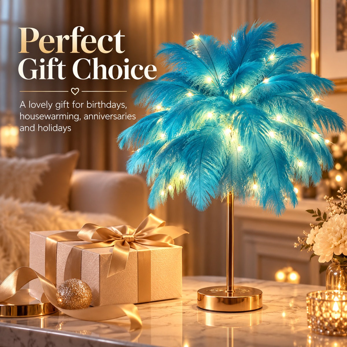 Ostrich Feather Table Lamp Blue, 80 Hand-Woven Natural Feathers, 3 Colour Temperature Touch Dimming, USB Rechargeable LED Bedside Lamp with Gold Metal Base