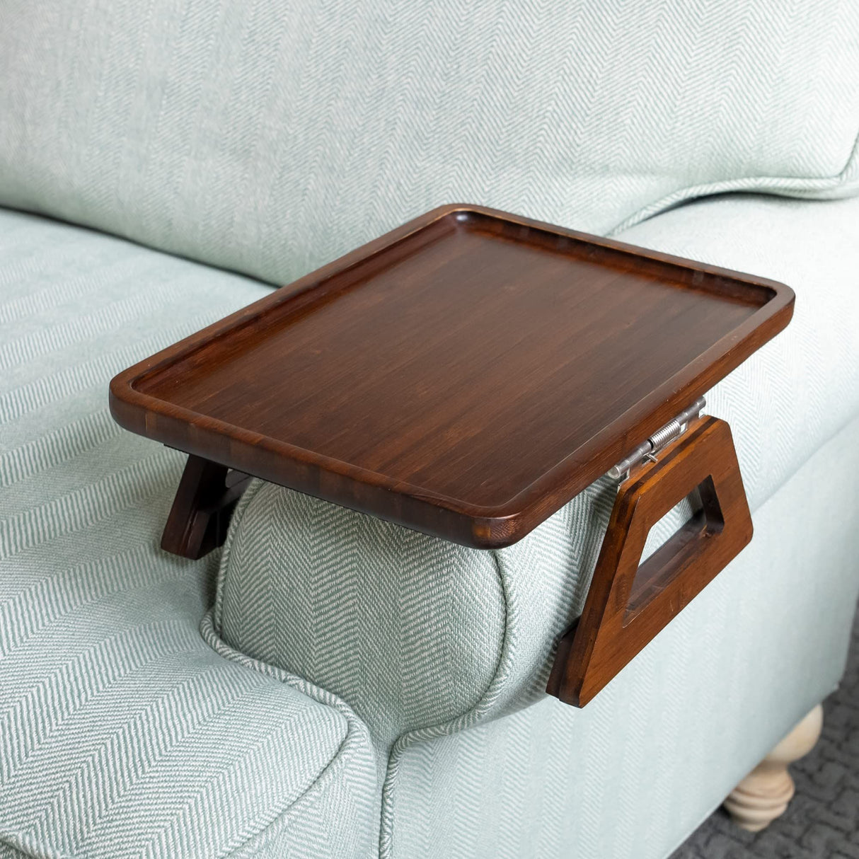 Bamboo Sofa Arm Tray Table, Clip-On Couch Armrest Table for Recliners and Armchairs, TV Dinner, Drink, Snack and Remote Holder, Natural Round, 9.8 Inch