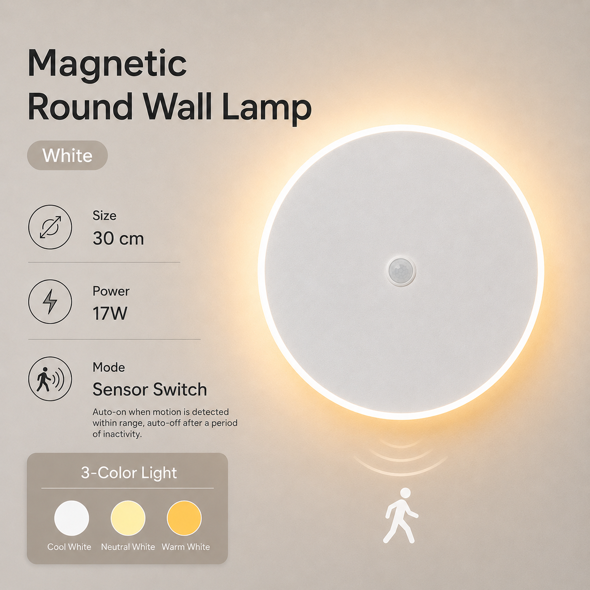 Magnetic Round Wall Lamp 30cm White, 17W Rechargeable LED Wall Sconce with Motion Sensor, 3-Color Light, Battery Powered Modern Disc Wall Light for Hallway Entryway Bedroom