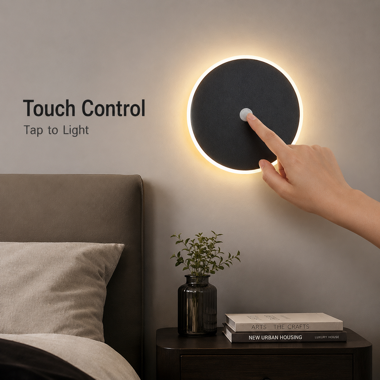 Magnetic Round Wall Lamp 20cm Black, 10W Rechargeable LED Wall Sconce with Motion Sensor, 3-Color Light, Battery Powered Modern Disc Wall Light for Hallway Entryway Bedroom