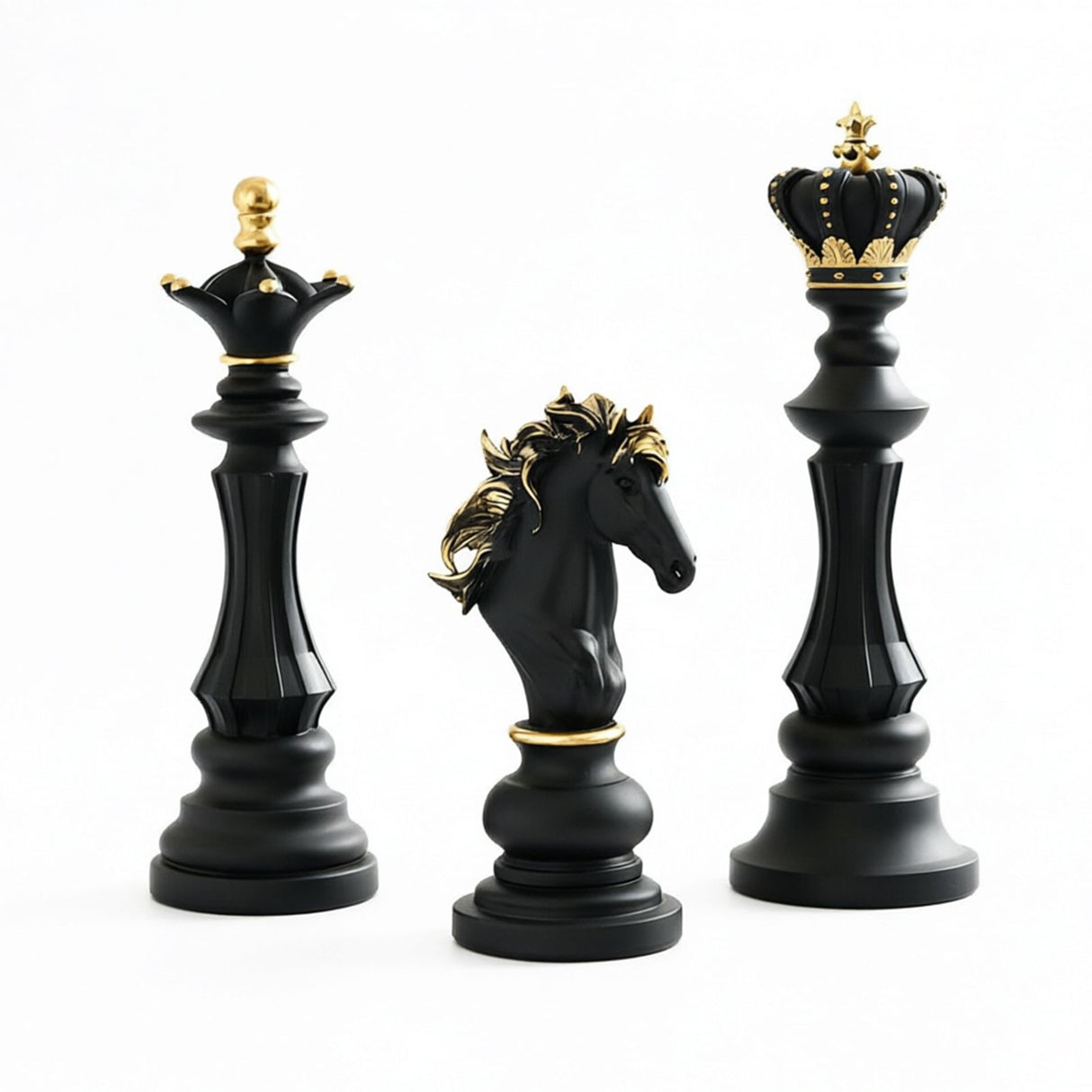 Luxury Resin Chess Piece Statues Set of 3 - King, Queen & Knight Horse Head Sculptures with Gold Trim - Classic Strategy Game Art Decor for Living Room, Study, Office & Bar Cabinet(Black)