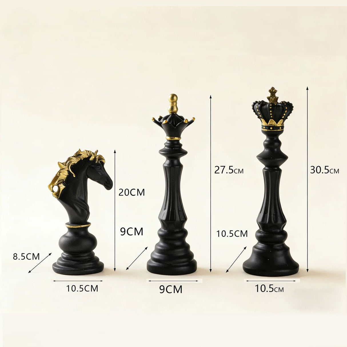Luxury Resin Chess Piece Statues Set of 3 - King, Queen & Knight Horse Head Sculptures with Gold Trim - Classic Strategy Game Art Decor for Living Room, Study, Office & Bar Cabinet(Black)