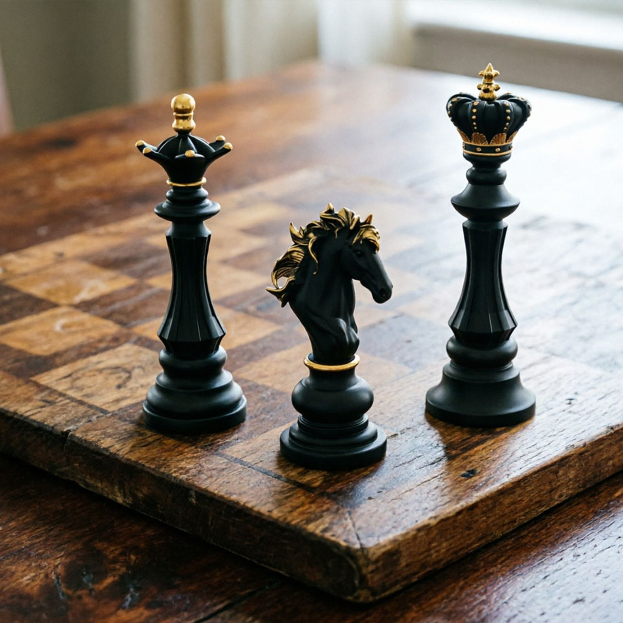Luxury Resin Chess Piece Statues Set of 3 - King, Queen & Knight Horse Head Sculptures with Gold Trim - Classic Strategy Game Art Decor for Living Room, Study, Office & Bar Cabinet(Black)
