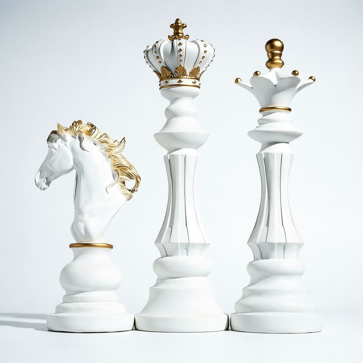 Luxury Resin Chess Piece Statues Set of 3 - King, Queen & Knight Horse Head Sculptures with Gold Trim - Classic Strategy Game Art Decor for Living Room, Study, Office & Bar Cabinet(White)
