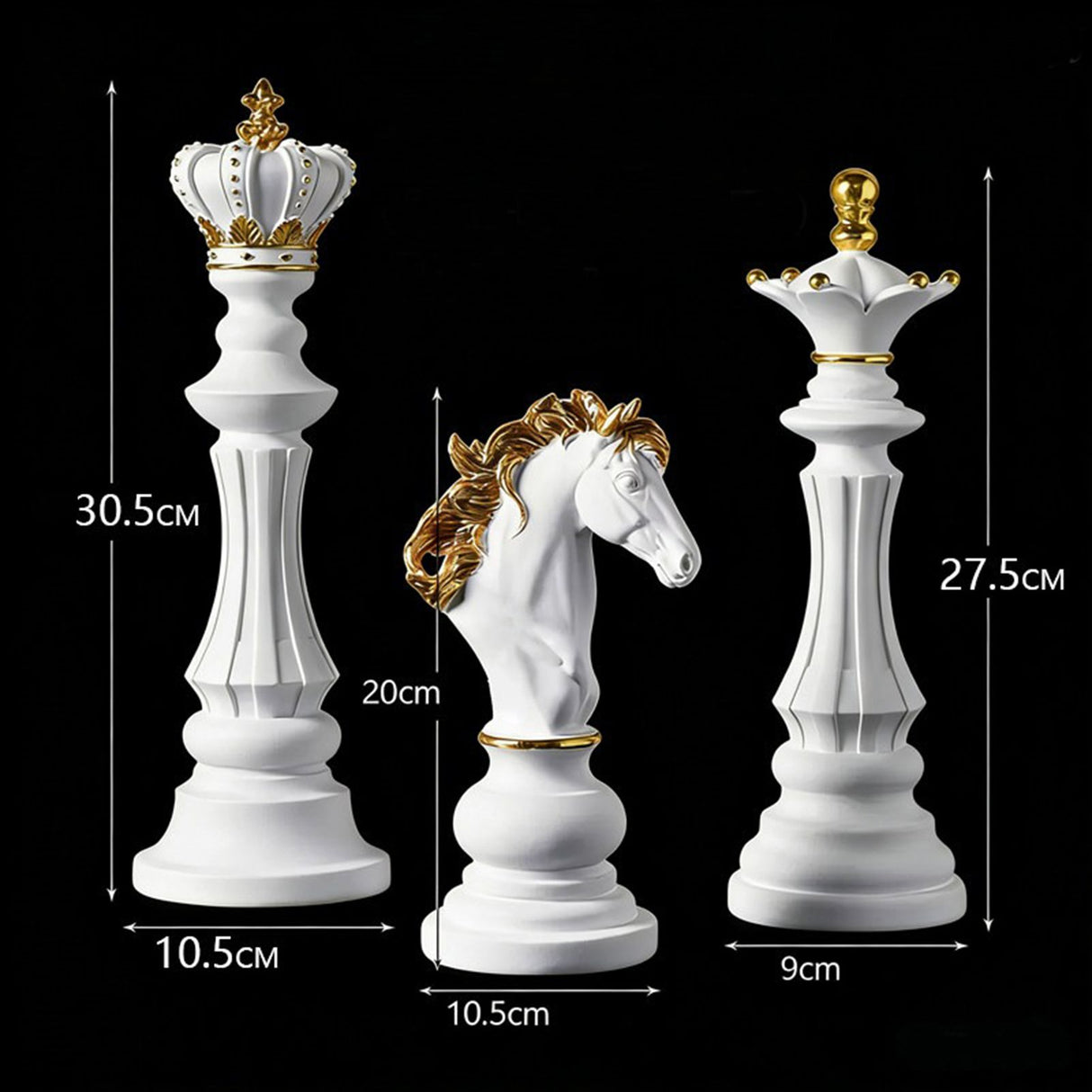 Luxury Resin Chess Piece Statues Set of 3 - King, Queen & Knight Horse Head Sculptures with Gold Trim - Classic Strategy Game Art Decor for Living Room, Study, Office & Bar Cabinet(White)