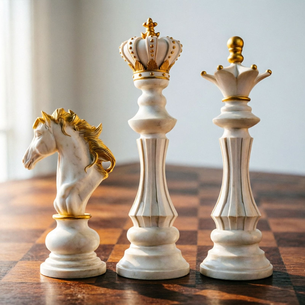 Luxury Resin Chess Piece Statues Set of 3 - King, Queen & Knight Horse Head Sculptures with Gold Trim - Classic Strategy Game Art Decor for Living Room, Study, Office & Bar Cabinet(White)