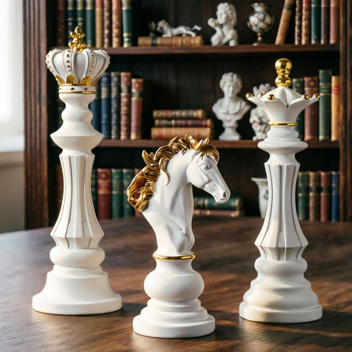 Luxury Resin Chess Piece Statues Set of 3 - King, Queen & Knight Horse Head Sculptures with Gold Trim - Classic Strategy Game Art Decor for Living Room, Study, Office & Bar Cabinet(White)