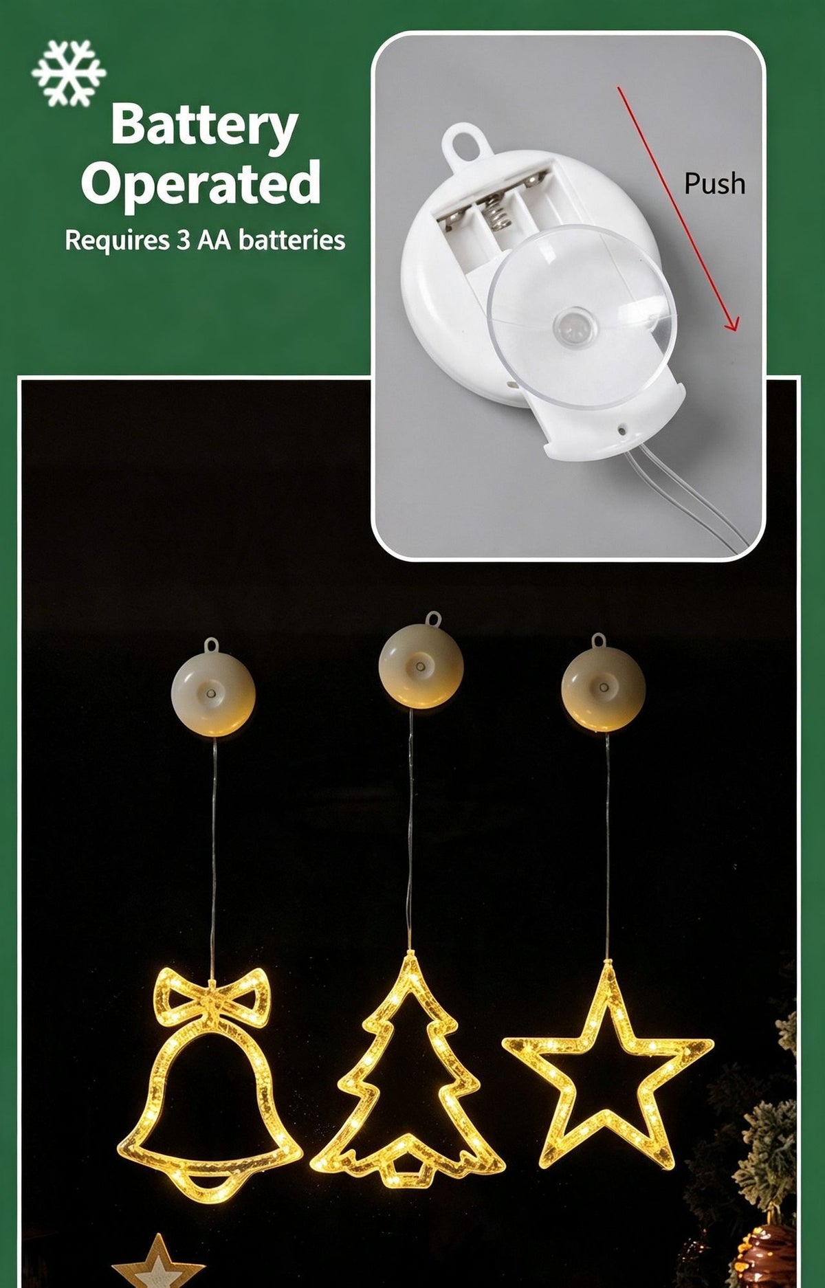 Colourful Diamond Snowflake Star LED Suction Lights, Battery Operated Eye-catching Christmas Window Lighting