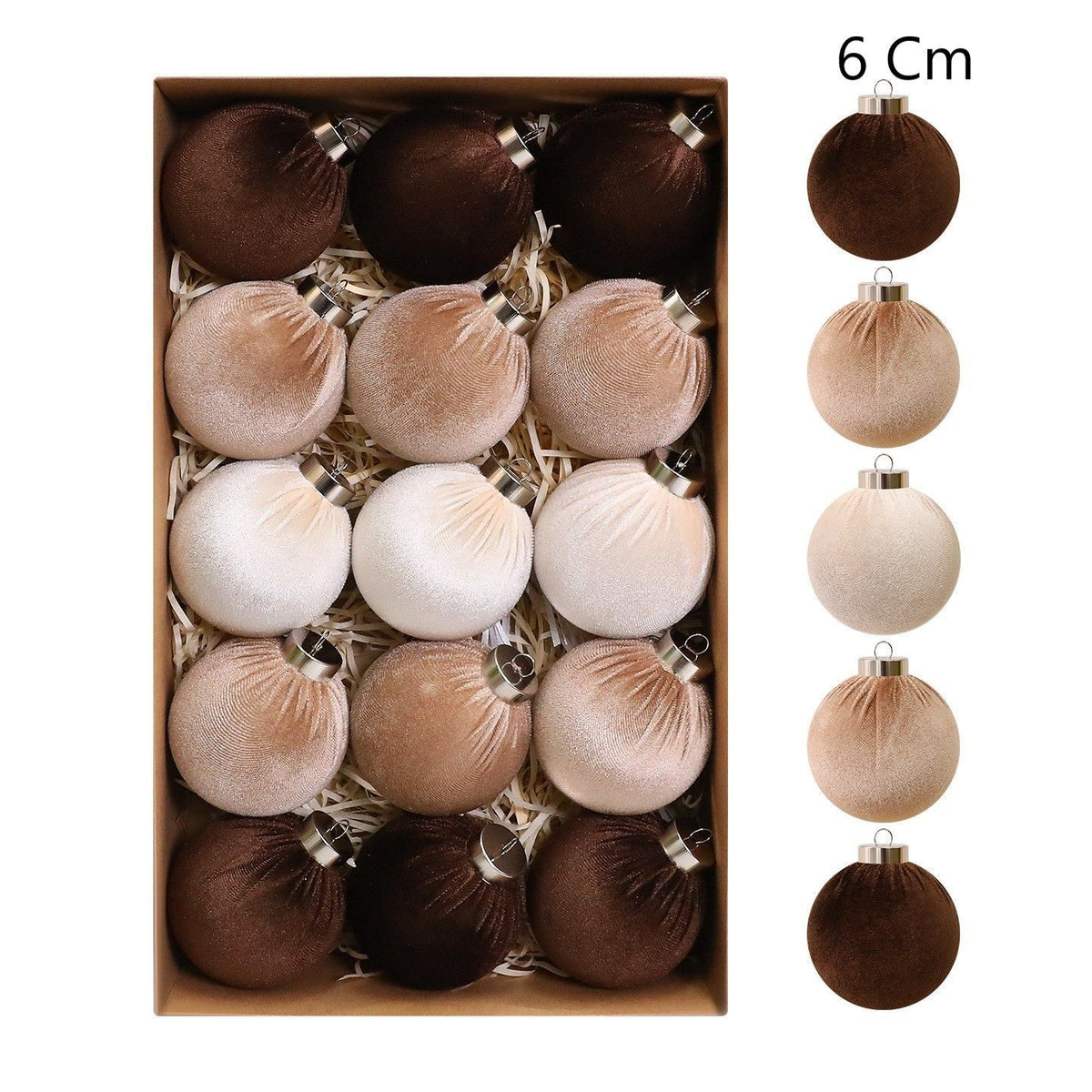 Luxury Velvet Covered Xmas Baubles, Stylish Christmas Hanging Ornaments, Brown 6cm, 15 Pack