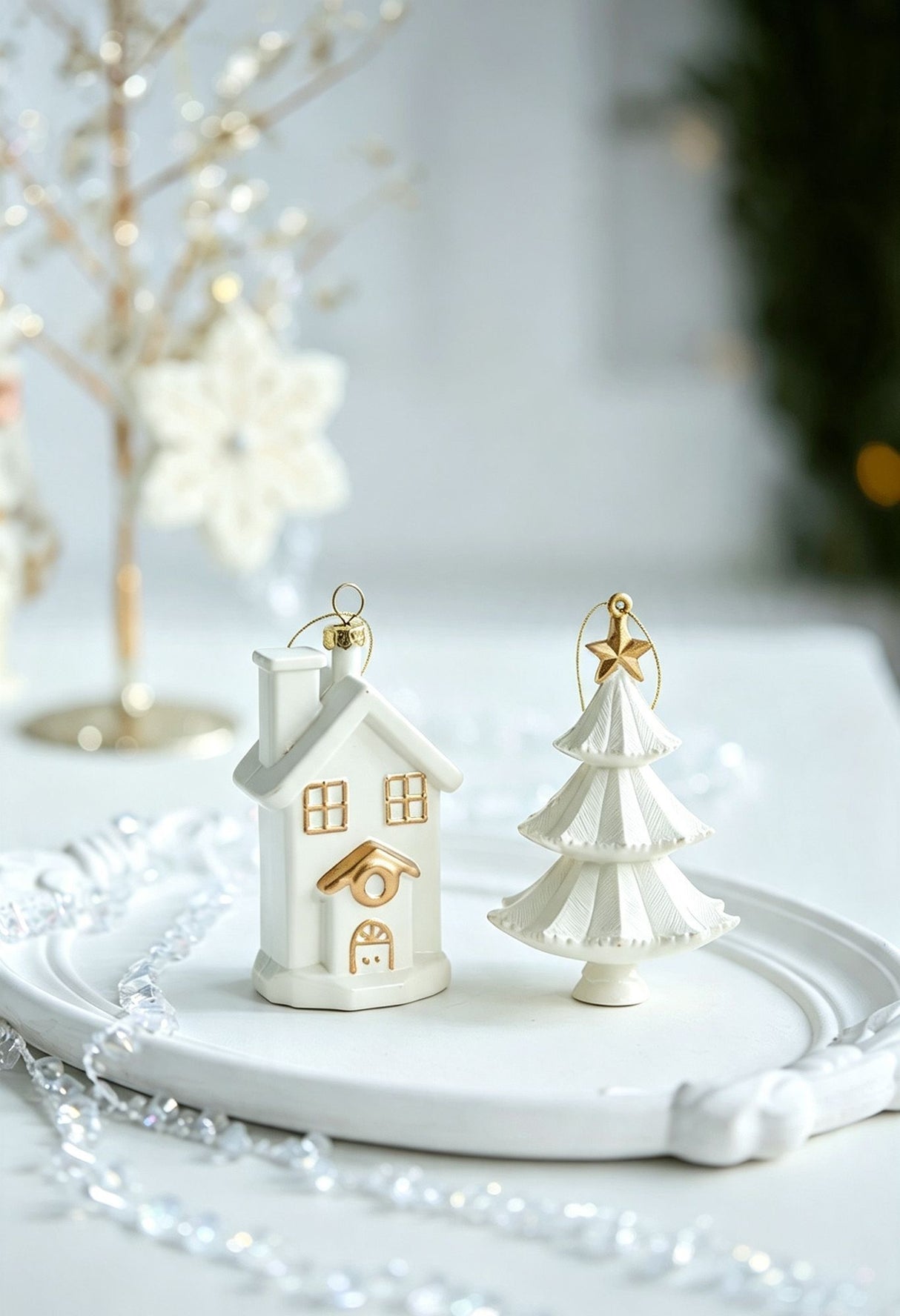 White & Gold 6 Pieces Assorted Hanging Ornament Set, Mixed Designs For Christmas & Halloween Scene Decoration