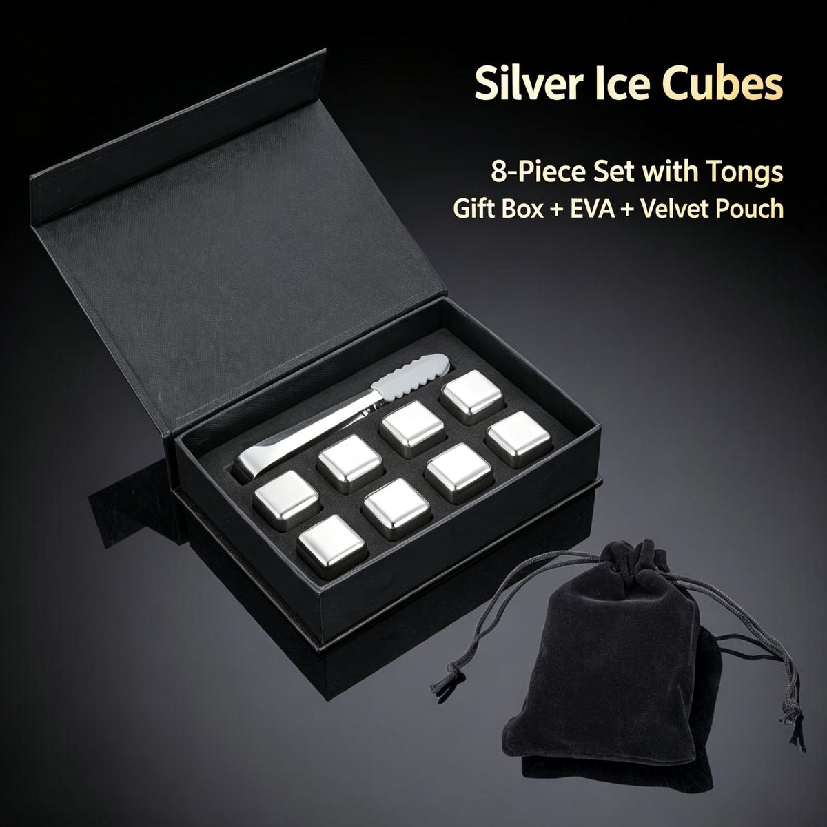 Reusable Chilling Ice Stone Gift Set | Holiday Wine Accessory | Original Color 8‑Pack With Silicone Tongs,EVA Tray,Gift Box & Velvet Pouch