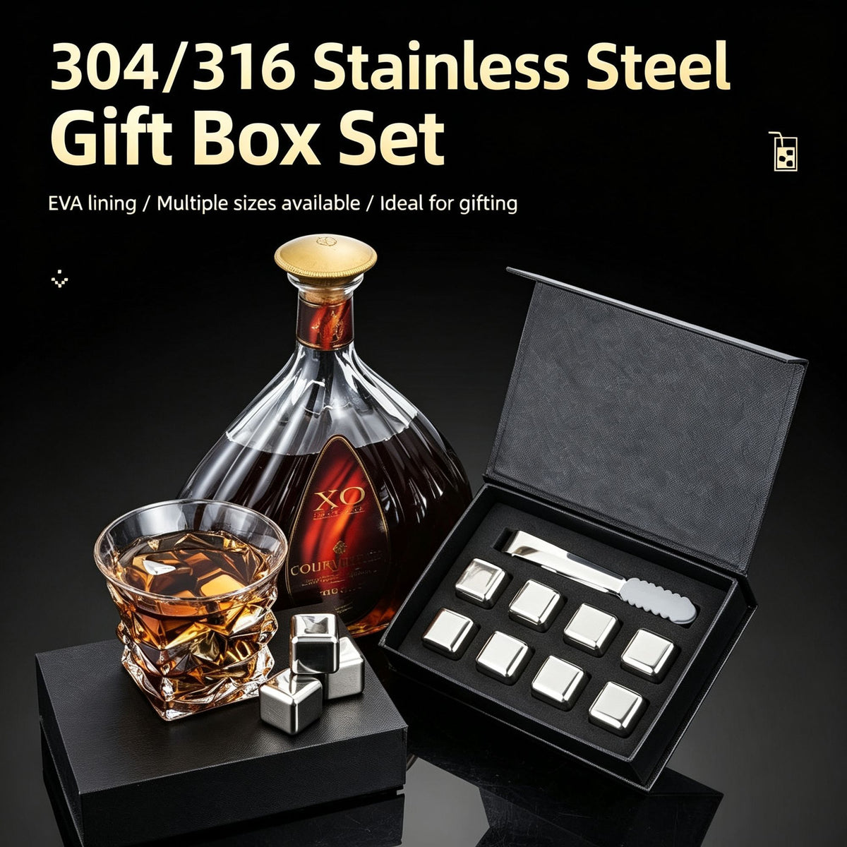 Reusable Chilling Ice Stone Gift Set | Holiday Wine Accessory | Original Color 8‑Pack With Silicone Tongs,EVA Tray,Gift Box & Velvet Pouch