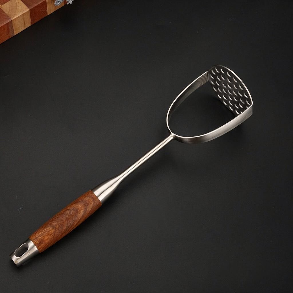 32cm Long Stainless Steel Potato Masher 234g Teardrop Perforated Head Rosewood Handle for Smooth Mash Weaning Puree & Pumpkin Prep 1pc