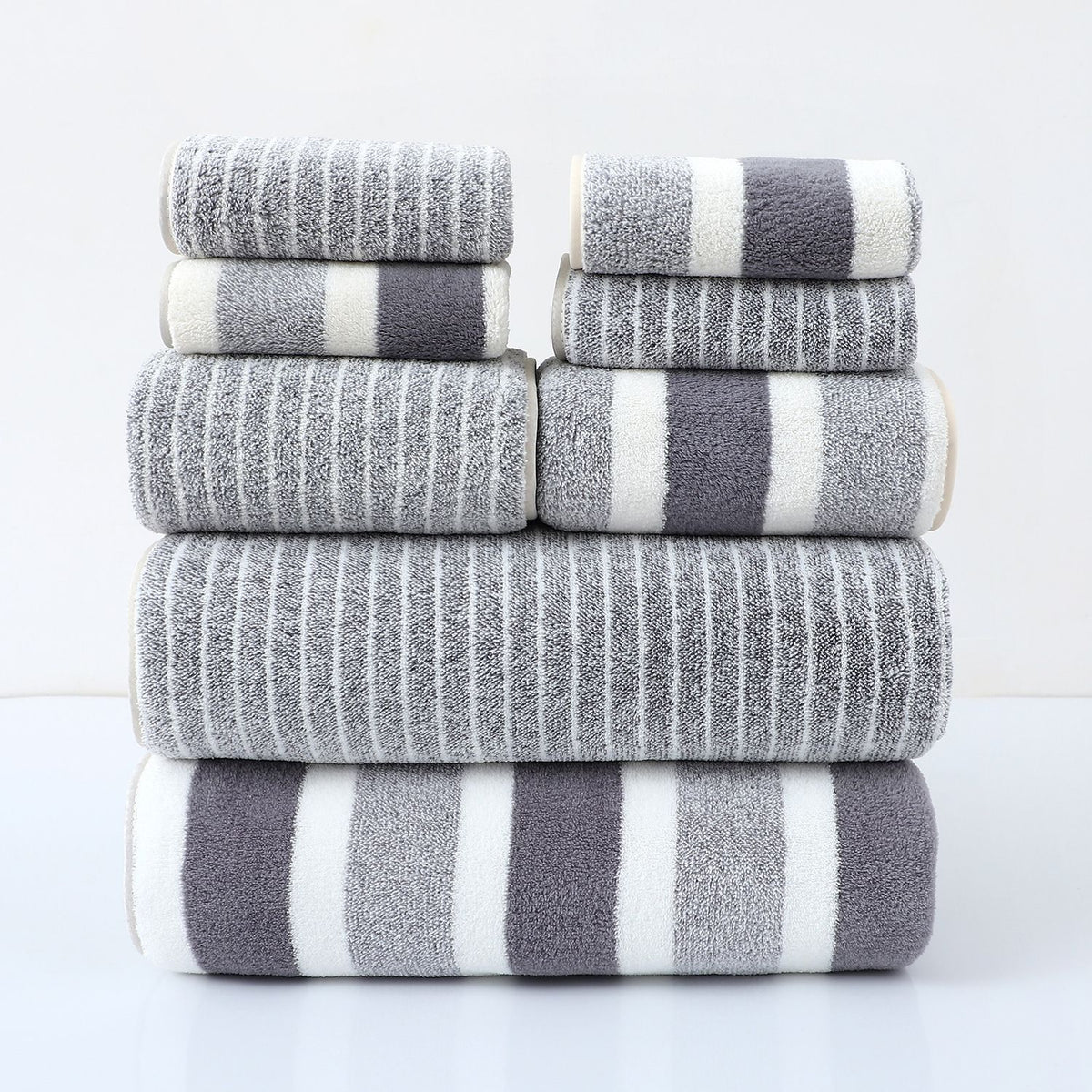 Striped Grey 8 Piece Towel Set Bath Sheet Hand Towel Washcloth Soft Touch Everyday Family Bathroom Essentials