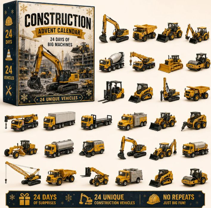 Dump Truck & Digger Surprise Countdown Set 24 Doors Yellow Style C Construction Site Playset 26x18x3cm 3mm Acrylic Board Holiday Gift