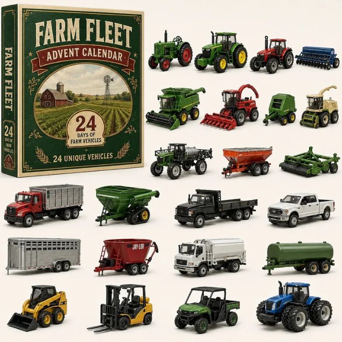 Farm Fleet Blind Box 24 Miniature Tractors Harvesters & Trucks 26x18x3cm 3mm Acrylic Display Board Christmas Countdown Gift