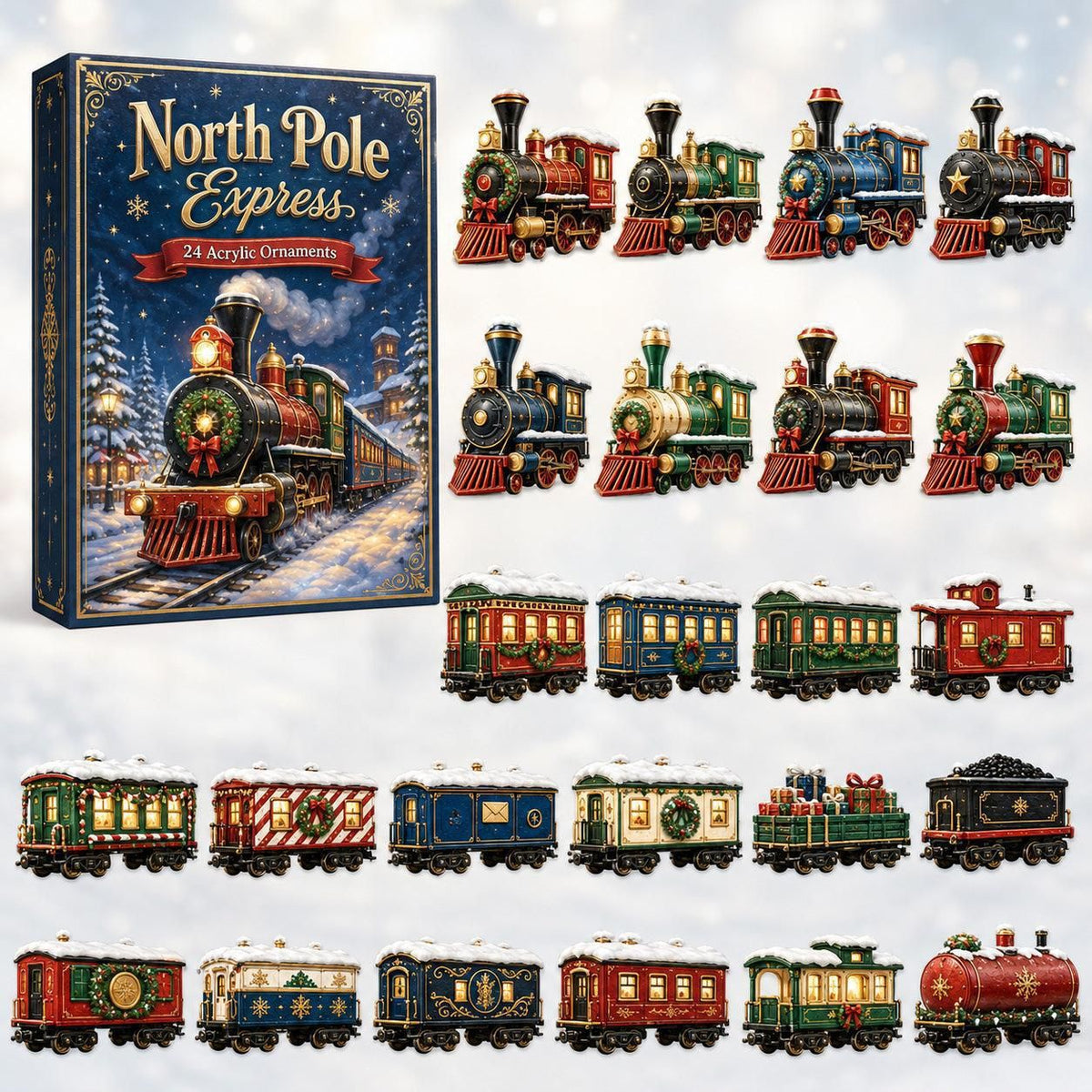 North Pole Express 24 Acrylic Train Ornaments Countdown Christmas Display 26x18x3cm 3mm Thick Winter Steam Locomotive & Carriage Charms Gift