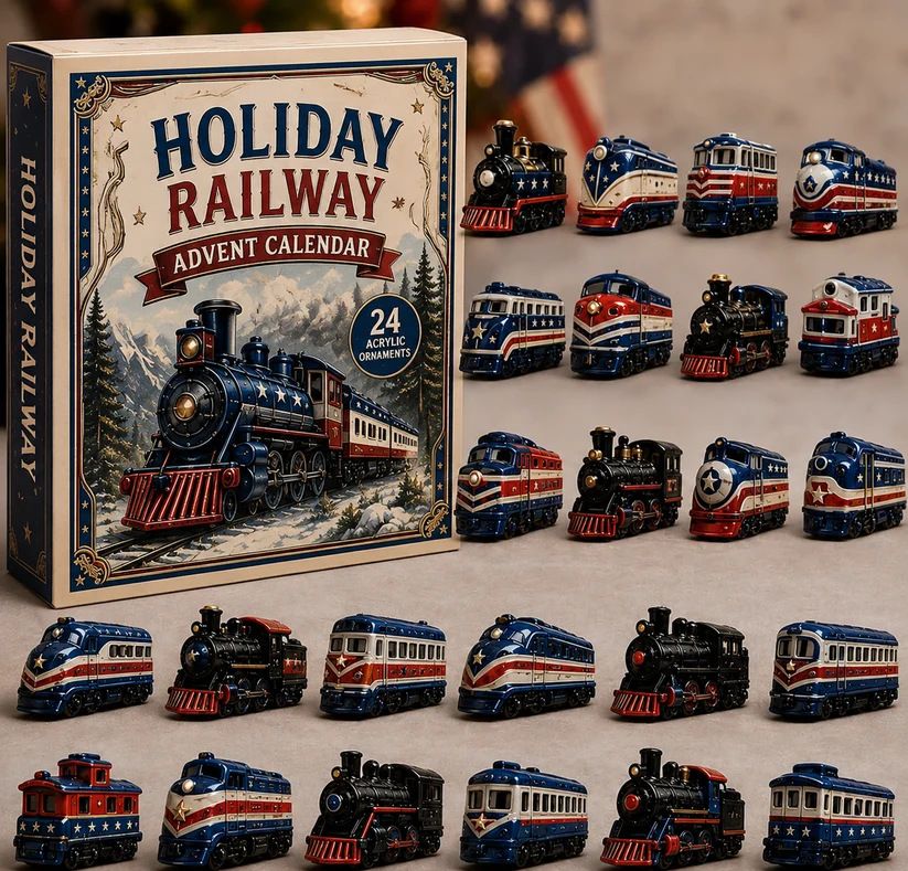 American Flag Livery Train Blind Box Countdown Calendar 24 Acrylic Locomotive Ornaments 26x18x3cm 3mm Thick Tabletop Display Xmas