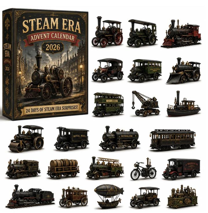 Steam Era 24-Day Reveal Calendar 26x18x3cm with 3mm Acrylic Pieces Steam Locomotive Blind Box Tabletop Display Gift