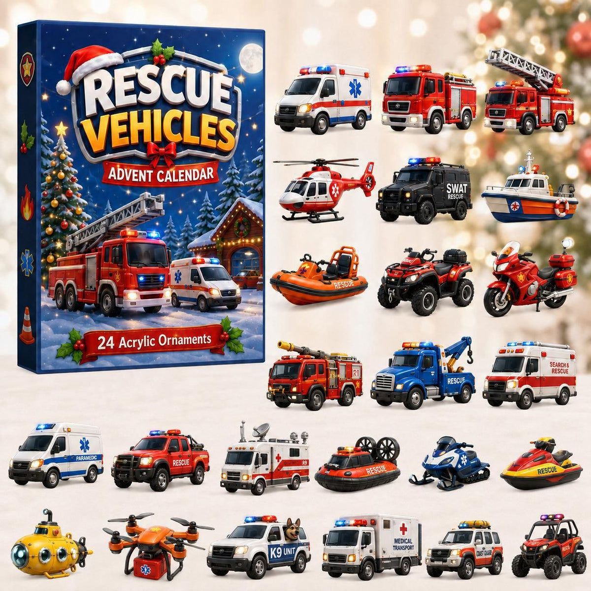 Emergency Rescue Squad 24-Day Reveal Box Ambulance Helicopter Police Boat Models Collection 26x18x3cm 3mm Acrylic Display Xmas Gift