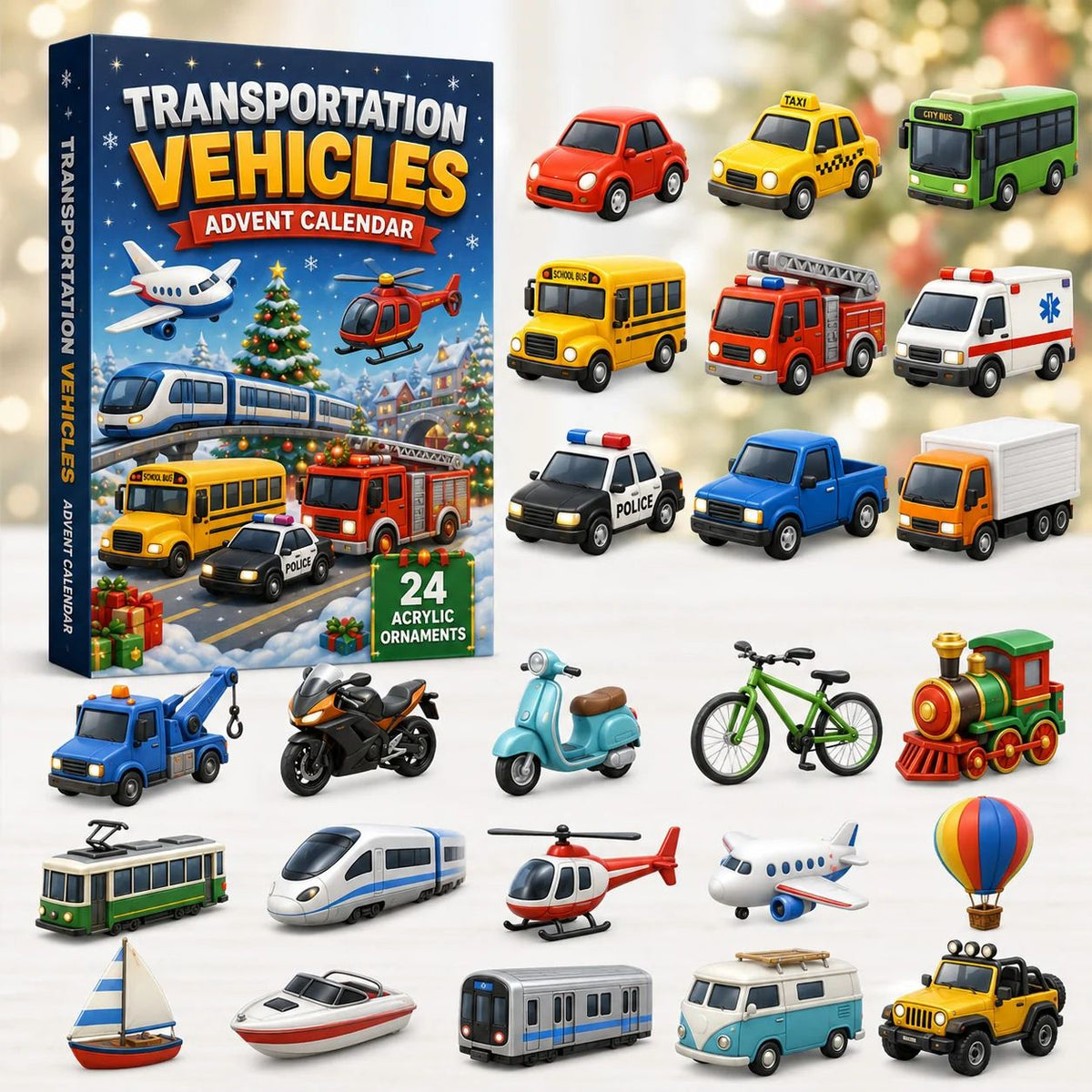 Multi-Vehicle Transport Collection 24 Acrylic Cutouts City Bus Taxi Ambulance Boat Jet Mystery Box Countdown 26x18x3cm 3mm Xmas Gift
