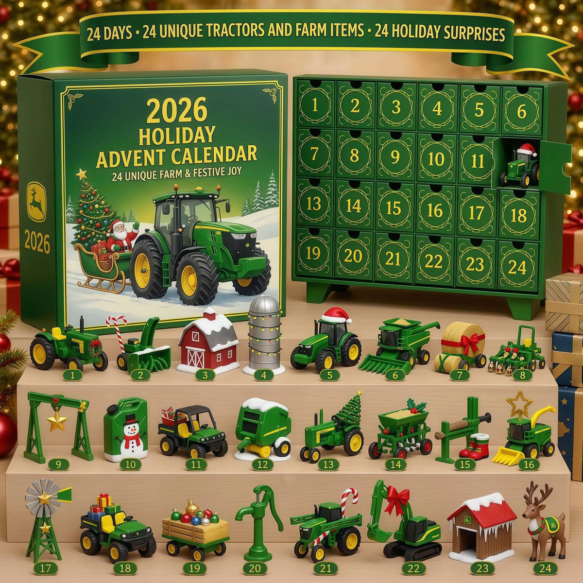 Santa Claus Tractor Sleigh Ride 24 Window Reveal Farm Advent Box 26x18x3cm 3mm Acrylic Pieces Holiday Countdown Display