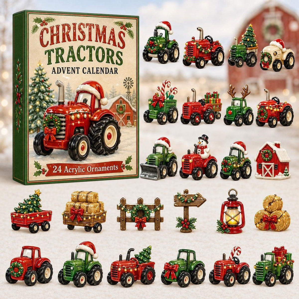 Christmas Tractor Advent Calendar Box Style A 24 Acrylic Cut-Out Ornaments 26x18x3cm 3mm Thick Festive Farmhouse Display Gift