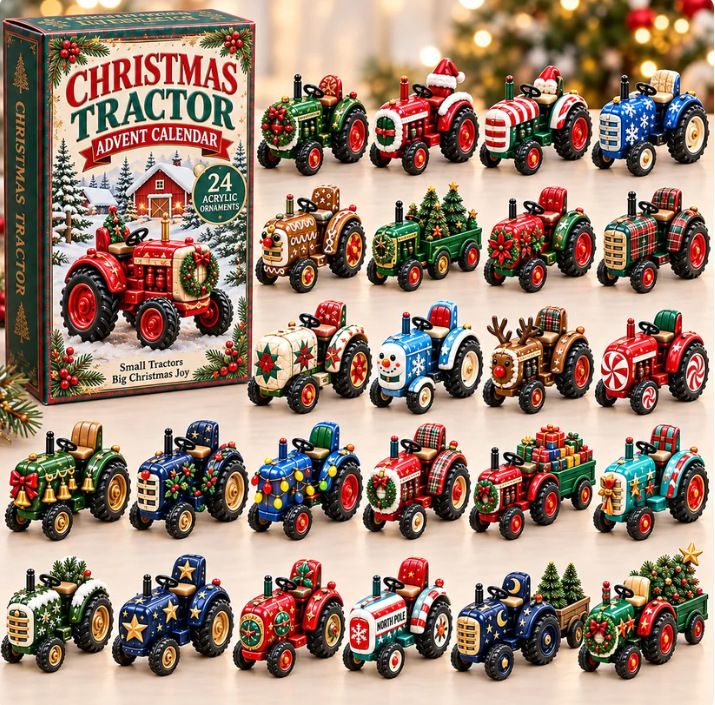 Snow Plough Tractor Christmas Advent Calendar 24 Acrylic Figurine Blind Box Festive Farm Display 26x18x3cm 3mm Panel Xmas Gift