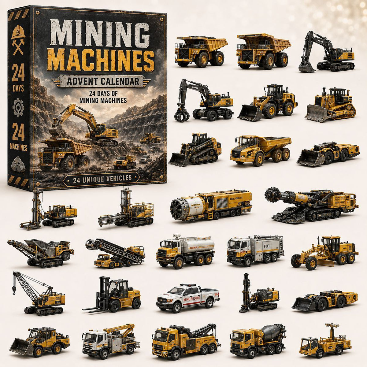 Diggers & Dump Trucks Reveal-a-Day Mining Fleet 24 Collectible Models 26x18x3cm with 3mm Acrylic Plates Yellow Mining Vehicle Blind Box