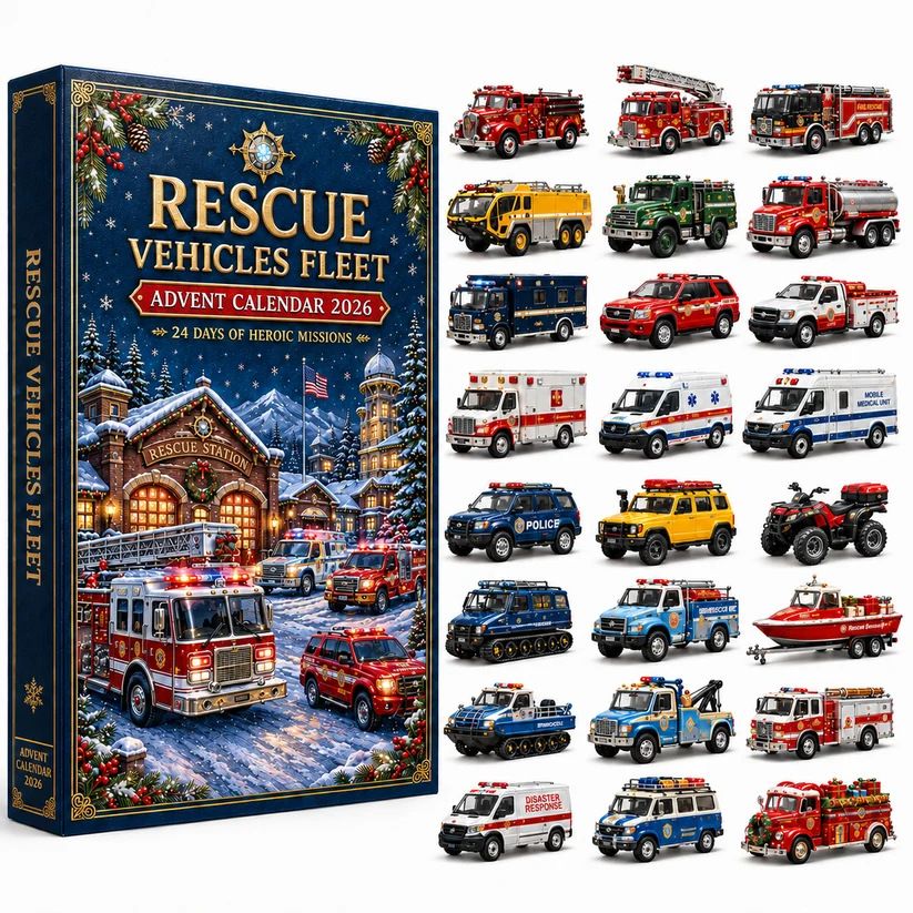 Open-a-Window Rescue Station Advent Blind Box 24 Heroic Mission Vehicles 3mm Acrylic Charms 26x18x3cm Festive Tabletop Countdown