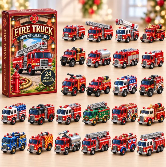 Tabletop Ladder Truck Diorama Peek-A-Day Countdown Box 24 Acrylic Fire Engine Ornaments 26x18x3cm 3mm Thick Style C Decor Gift