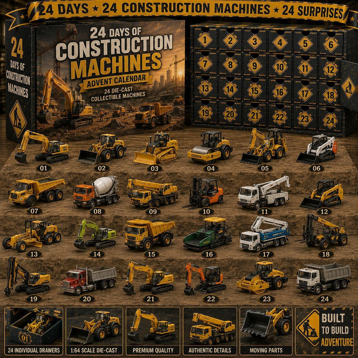 Evening Builders Yard 24 Cubby Hole Construction Vehicle Mystery Box 26x18x3cm 3mm Acrylic Inserts Countdown Gift