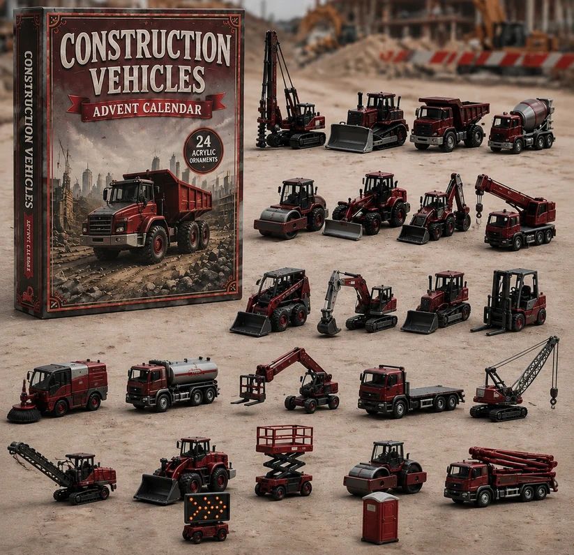 Book-Style 24 Pocket Reveal Red Construction Lorry Blind Box 26x18x3cm 3mm Acrylic Site Fleet Miniatures Christmas Present