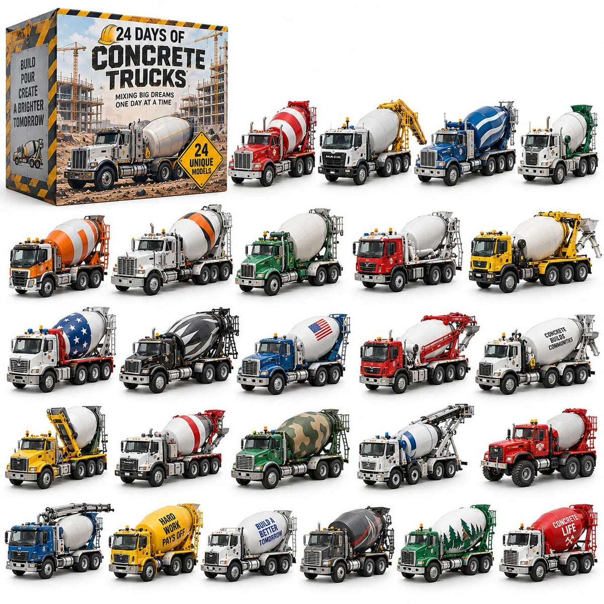 Concrete Mixer Truck 24 Unique Models Flip-Open Countdown Case 26x18x3cm 3mm Acrylic Ornament Holders Christmas Tabletop Display