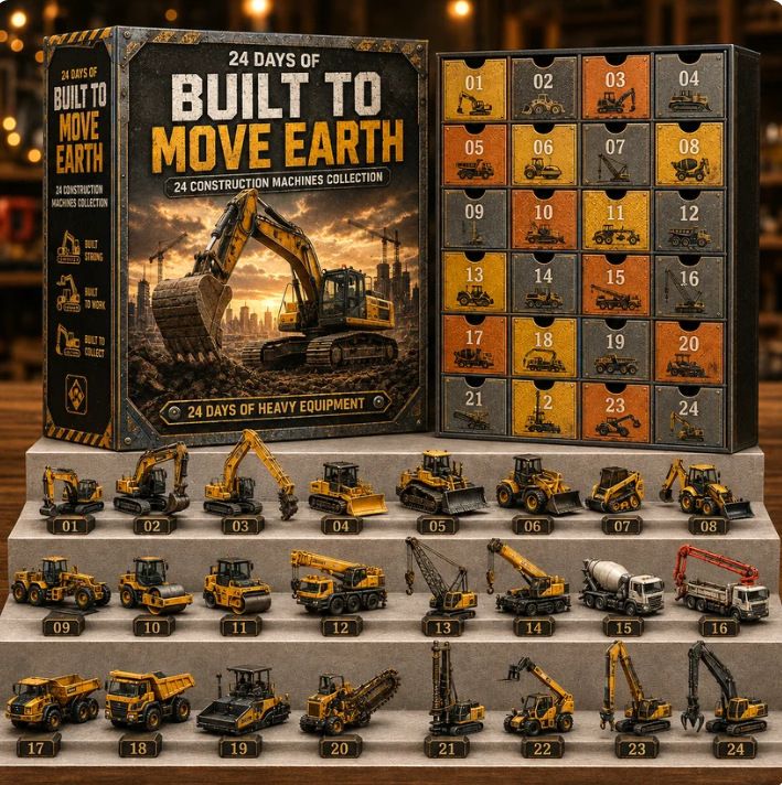 Sunset Excavator Reveal Box 24 Earthmover Models Construction Machinery Miniatures 26x18x3cm 3mm Acrylic Inserts Tabletop Countdown Gift