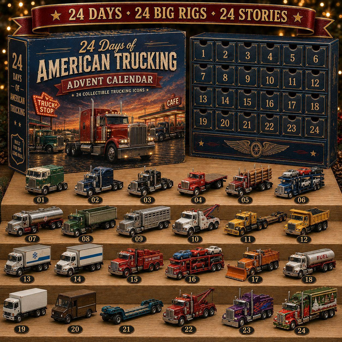 Truck Stop Diorama Advent Calendar 24 Compartment Blind Box Gas Station Transport Lorry Collection 26x18x3cm 3mm Acrylic Pieces Xmas