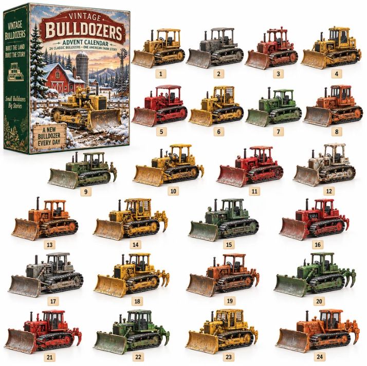Vintage Bulldozer Blind Box 24-Day Reveal Drawers Retro Earthmover Figurine Kit 26x18x3cm 3mm Acrylic Stand Holiday Gift
