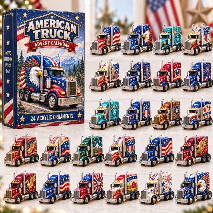Patriotic Semi Truck Cab Ornaments 24 Pcs Acrylic 3mm Freestanding Figures 26x18x3cm Advent Blind Box USA Hauler Display for Him
