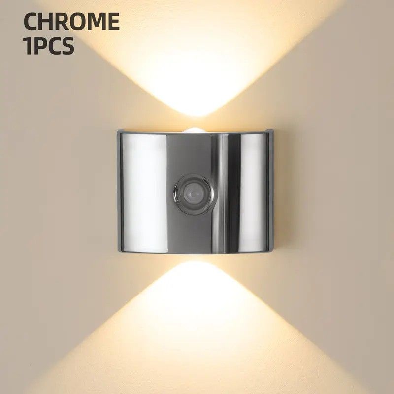 1PCS Induction wall lamp with three-color stepless dimming, 120° auto shut-off, USB rechargeable magnetic installation. Smart motion-sensing LED wall lamp, serving as both a night light and an ambient light./Chrome color