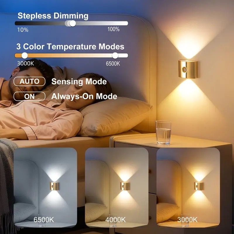 2PCS Induction wall lamp with three-color stepless dimming, 120° auto shut-off, USB rechargeable magnetic installation. Smart motion-sensing LED wall lamp, serving as both a night light and an ambient light./Chrome color