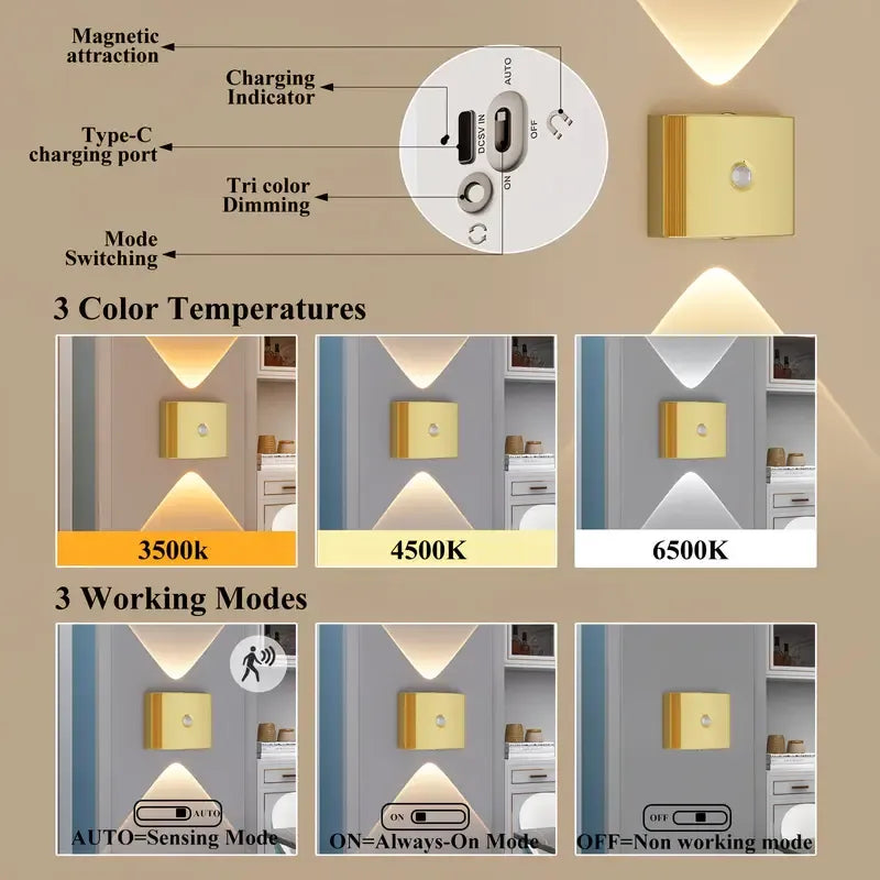 2PCS Induction wall lamp with three-color stepless dimming, 120° auto shut-off, USB rechargeable magnetic installation. Smart motion-sensing LED wall lamp, serving as both a night light and an ambient light./Chrome color