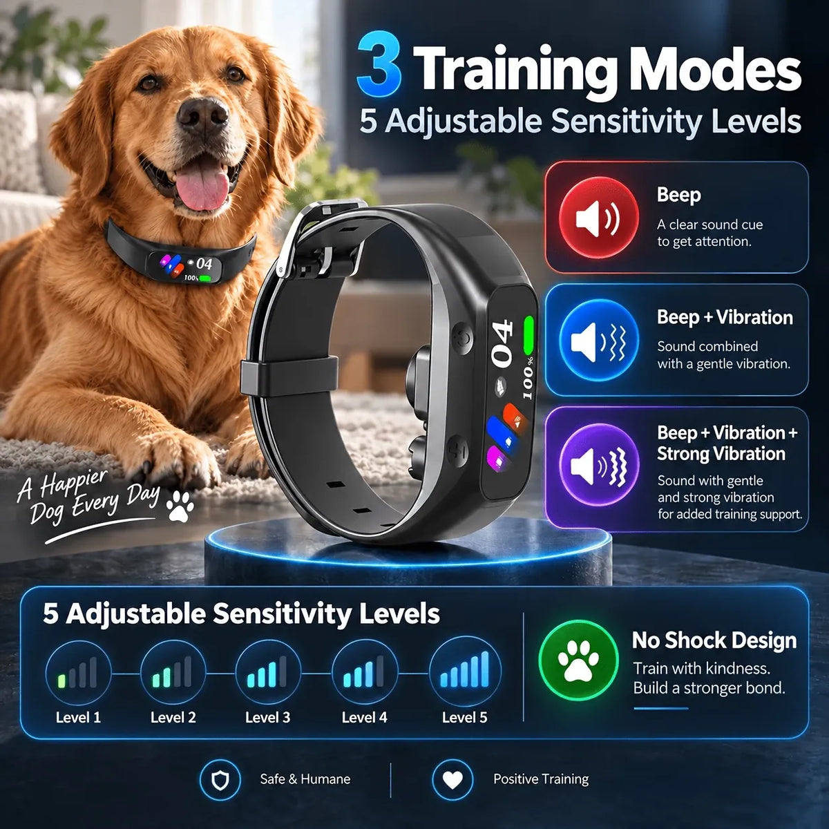 Smart no-shock anti-bark collar, humane beep & vibration training, intelligent anti-interference, 3 modes & 5 sensitivity levels, adjustable 11-30 inches, fits all dog sizes, perfect for multiple occasions.*orange