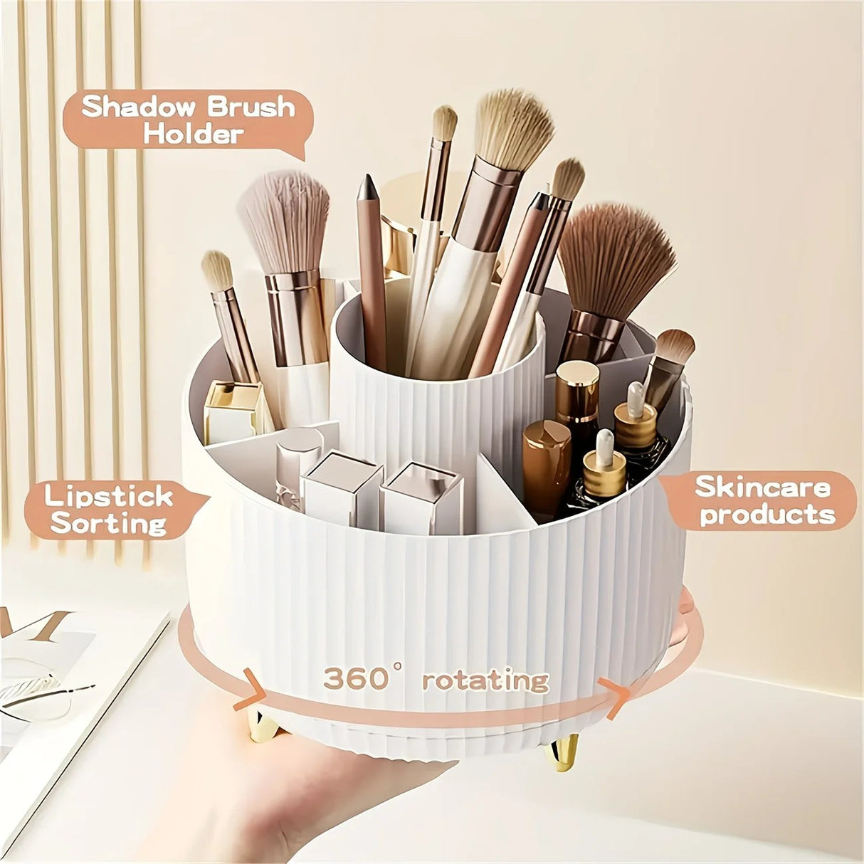 360-Degree Rotating Cosmetic Organizer – 1 Plastic Makeup Storage Box with 5 Compartments – Multi-Purpose Holder for Brushes, Lipsticks, Skincare Products, and Stationery – Durable Odor-Free Desktop Storage Container with Luxurious Stripe Design.WHITE