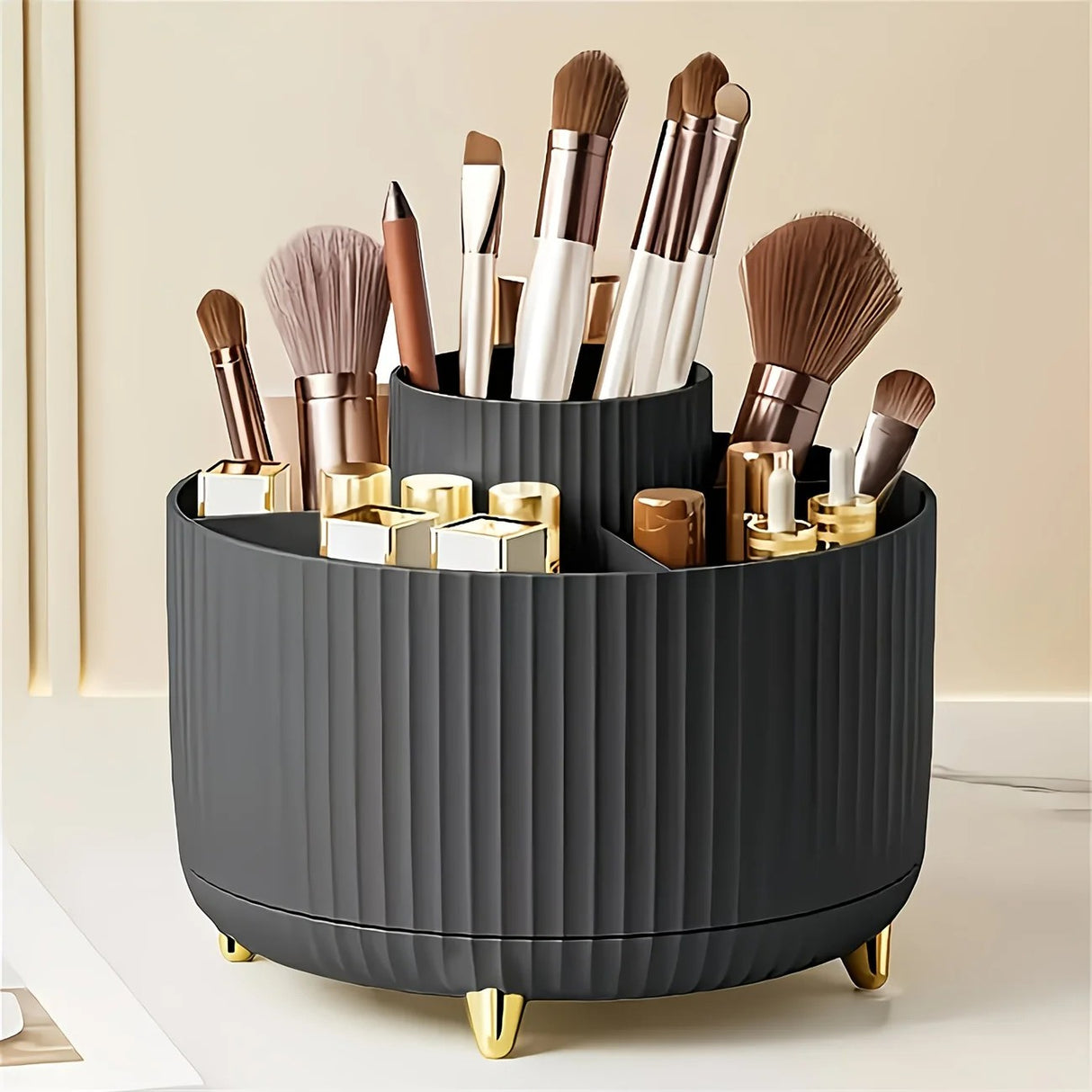 360-Degree Rotating Cosmetic Organizer – 1 Plastic Makeup Storage Box with 5 Compartments – Multi-Purpose Holder for Brushes, Lipsticks, Skincare Products, and Stationery – Durable Odor-Free Desktop Storage Container with Luxurious Stripe Design.WHITE